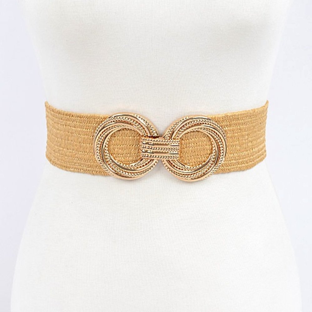 BNWT Plus Size Elastic Faux Straw Textured Metal Buckle Stretch Belt